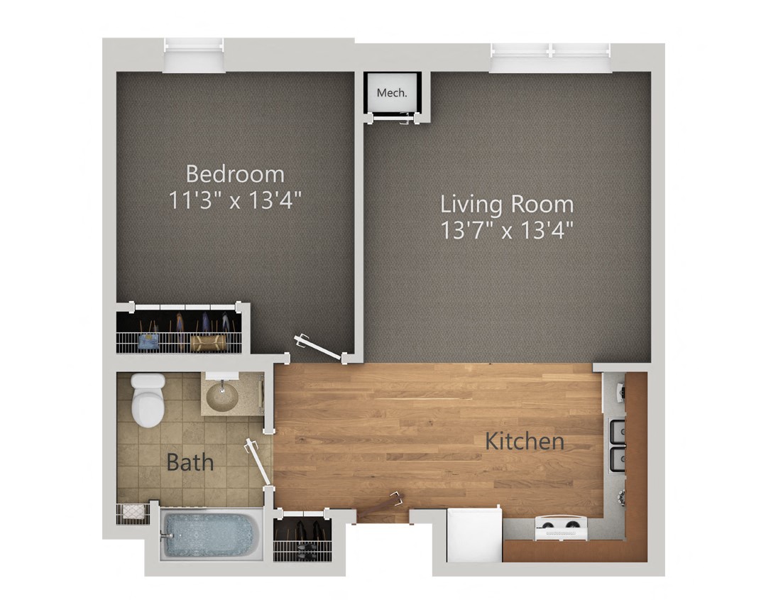 Floor plan for 1 bed, 1 bath, 635 sqft